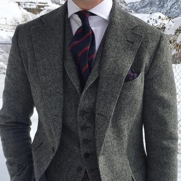 Gray Wool Tweed Winter Men Suit's For Wedding Formal Groom Tuxedo Herringbone Male Fashion 3 Piece Suit (Jacket + Vest + Pants) - Image 19