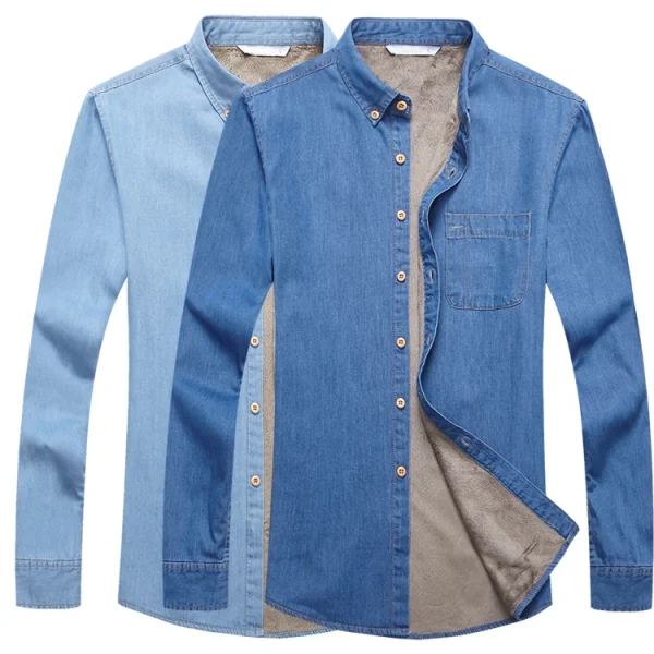 Jeans Shirt Men Warm Fleece Lined - Image 3
