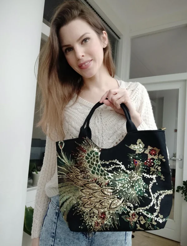 Ethnic Style Sequins Tote Bag, Peacock Embroidery Handbags, Vintage Canvas Crossbody Bag - Image 20