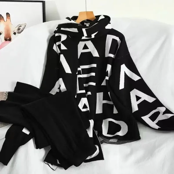 Boutique Wholesale 2026 Autumn Letter Jacquard Knitted Sweater Set Wide Leg Pants With Scarves Women's Set - Image 3