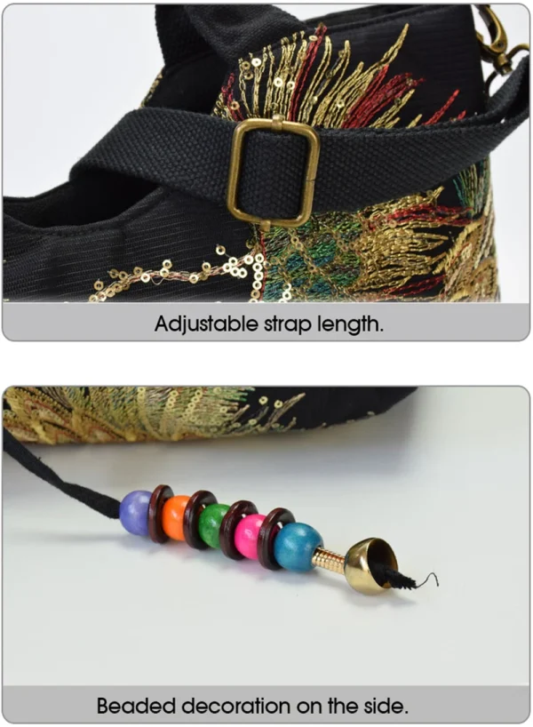Ethnic Style Sequins Tote Bag, Peacock Embroidery Handbags, Vintage Canvas Crossbody Bag - Image 16