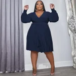 Autumn Plus Size Women Clothes Long Puff Sleeve V Neck Solid Color Casual Dresses Loose Knitted Plus Size Women Dresses