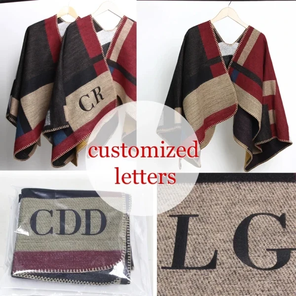 Customized Logo Winter Women Poncho Monogram Blanket Cashmere Wool Personalized Scarf Plaid Ponchos Cape - Image 6