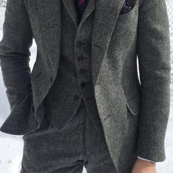 Gray Wool Tweed Winter Men Suit's For Wedding Formal Groom Tuxedo Herringbone Male Fashion 3 Piece Suit (Jacket + Vest + Pants) - Image 3