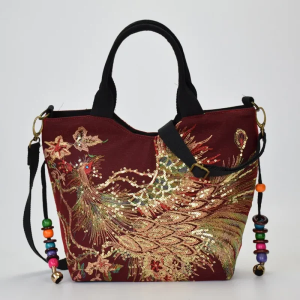 Ethnic Style Sequins Tote Bag, Peacock Embroidery Handbags, Vintage Canvas Crossbody Bag - Image 7