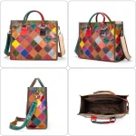 Top-grain Leather Women's Patchwork ZIP Large Capacity Ethnic Style Casual Crossbody Trapeze Shape Handbag - Image 3