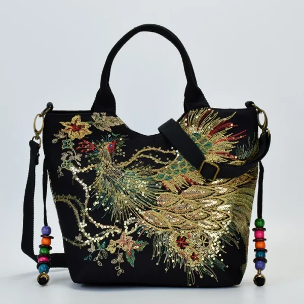 Ethnic Style Sequins Tote Bag, Peacock Embroidery Handbags, Vintage Canvas Crossbody Bag - Image 12