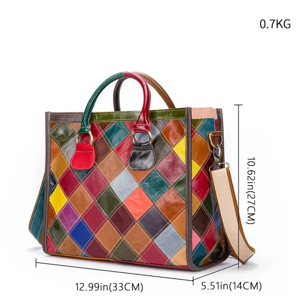 Top-grain Leather Women's Patchwork ZIP Large Capacity Ethnic Style Casual Crossbody Trapeze Shape Handbag - Image 5