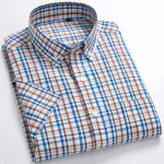 Plaid Checkered Short Sleeve 100% Cotton Shirt Button - Image 25