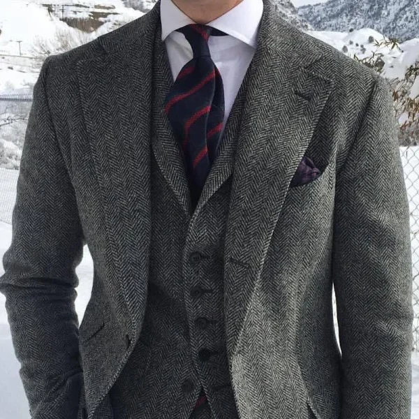 Gray Wool Tweed Winter Men Suit's For Wedding Formal Groom Tuxedo Herringbone Male Fashion 3 Piece Suit (Jacket + Vest + Pants) - Image 21