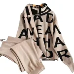 Boutique Wholesale 2026 Autumn Letter Jacquard Knitted Sweater Set Wide Leg Pants With Scarves Women's Set