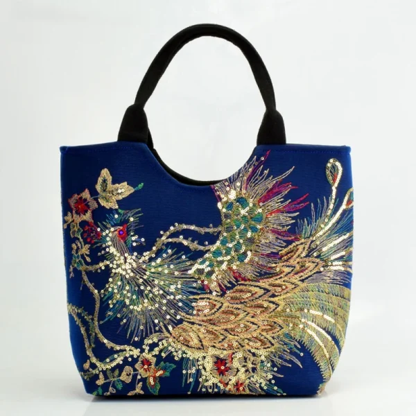 Ethnic Style Sequins Tote Bag, Peacock Embroidery Handbags, Vintage Canvas Crossbody Bag - Image 10