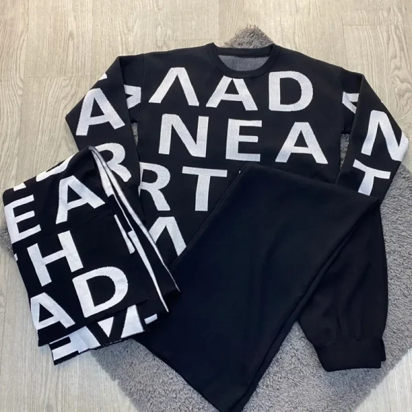 Boutique Wholesale 2026 Autumn Letter Jacquard Knitted Sweater Set Wide Leg Pants With Scarves Women's Set - Image 5