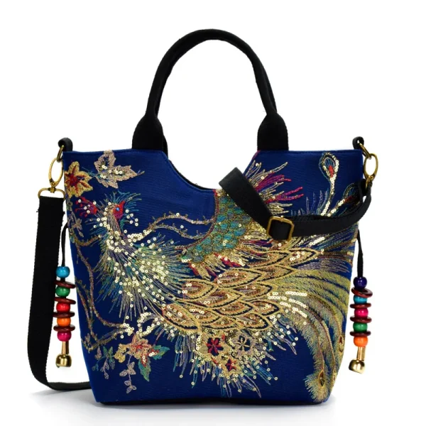 Ethnic Style Sequins Tote Bag, Peacock Embroidery Handbags, Vintage Canvas Crossbody Bag - Image 9