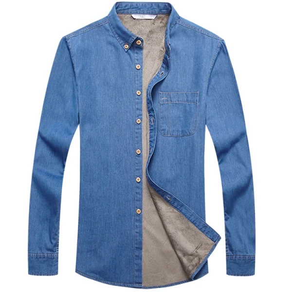 Jeans Shirt Men Warm Fleece Lined - Image 12