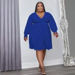 Autumn Plus Size Women Clothes Long Puff Sleeve V Neck Solid Color Casual Dresses Loose Knitted Plus Size Women Dresses - Image 4