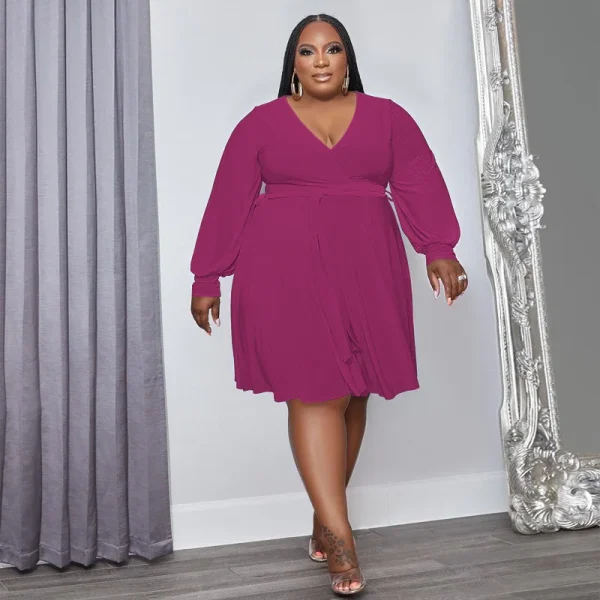 Autumn Plus Size Women Clothes Long Puff Sleeve V Neck Solid Color Casual Dresses Loose Knitted Plus Size Women Dresses - Image 3