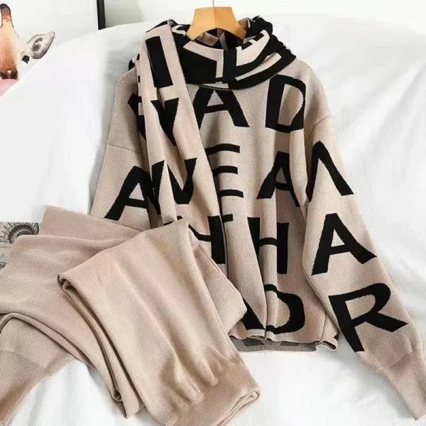 Boutique Wholesale 2026 Autumn Letter Jacquard Knitted Sweater Set Wide Leg Pants With Scarves Women's Set - Image 2