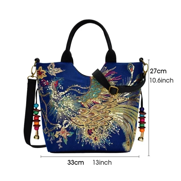 Ethnic Style Sequins Tote Bag, Peacock Embroidery Handbags, Vintage Canvas Crossbody Bag - Image 18