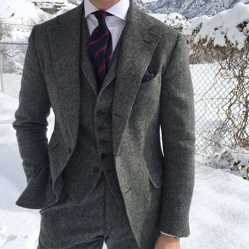 Hd08f2779814f478cabd66dddd1f60458z.webp Gray Wool Tweed Winter Men Suit's For Wedding Formal Groom Tuxedo Herringbone Male Fashion 3 Piece Suit (Jacket + Vest + Pants) - Image 1