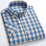 Plaid Checkered Short Sleeve 100% Cotton Shirt Button - Image 23