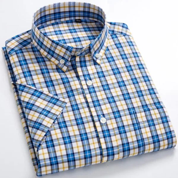 Plaid Checkered Short Sleeve 100% Cotton Shirt Button - Image 23