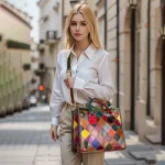 Top-grain Leather Women's Patchwork ZIP Large Capacity Ethnic Style Casual Crossbody Trapeze Shape Handbag