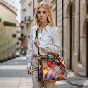 Top-grain Leather Women's Patchwork ZIP Large Capacity Ethnic Style Casual Crossbody Trapeze Shape Handbag