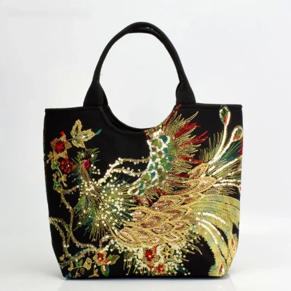 Ethnic Style Sequins Tote Bag, Peacock Embroidery Handbags, Vintage Canvas Crossbody Bag - Image 11