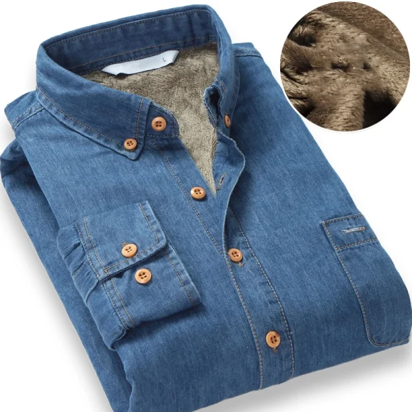Jeans Shirt Men Warm Fleece Lined - Image 4