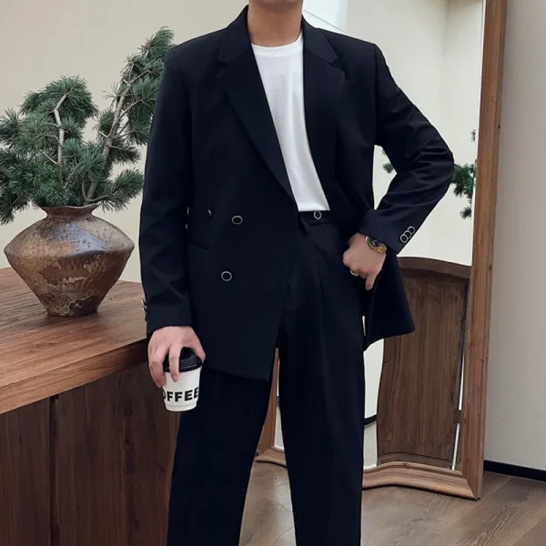 2024 Retro Simple Man Suit Micro Loose Wedding Suits for Men Office Formal Suits Set - Image 4