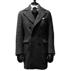 Men's Suit Long Jacket Dark Grey Herringbone Double Breasted Wedding Casual Slim Fit Man Suit Blazer Luxury Man Set Coat for Men