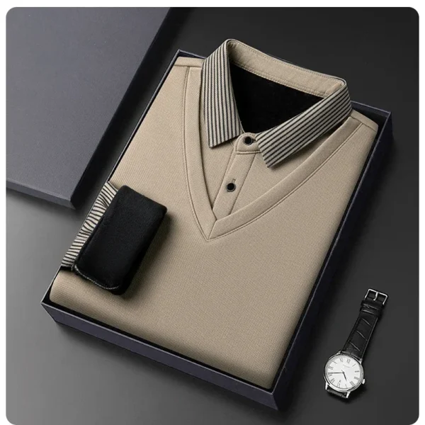 Long Sleeve T-shirt Shirts Winter Fleece Male Lapel Fake Two-piece Striped Regular Fit Thick Plush Warm Knitted Pullover Men Top - Image 40