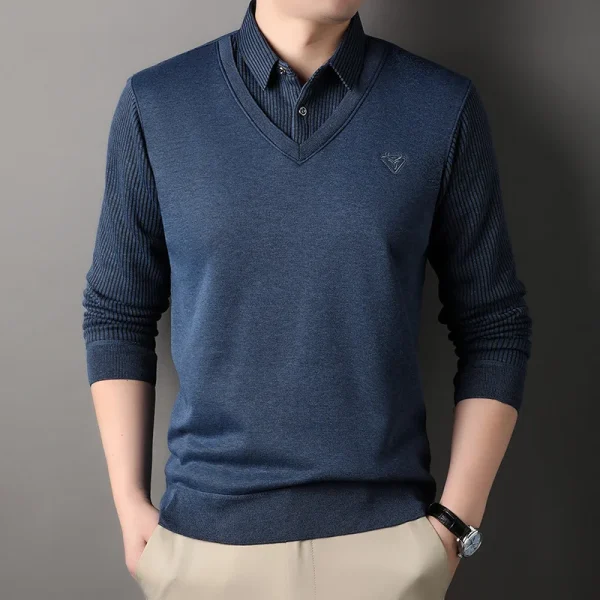 Autumn and Winter New Collection with Fleece Fake Two Piece Long Sleeved Polo Shirt for Men Fashionable and Casual Versatile Top - Image 23