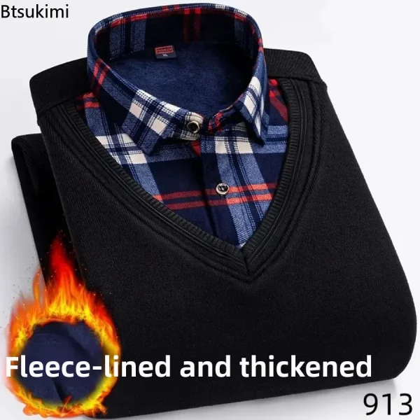 2026 Men's Winter Warm Shirts Thickened Fake Two-piece Shirts Male High-quality Shirts Men's Warm Clothes Shirt Pullovers Tops - Image 2