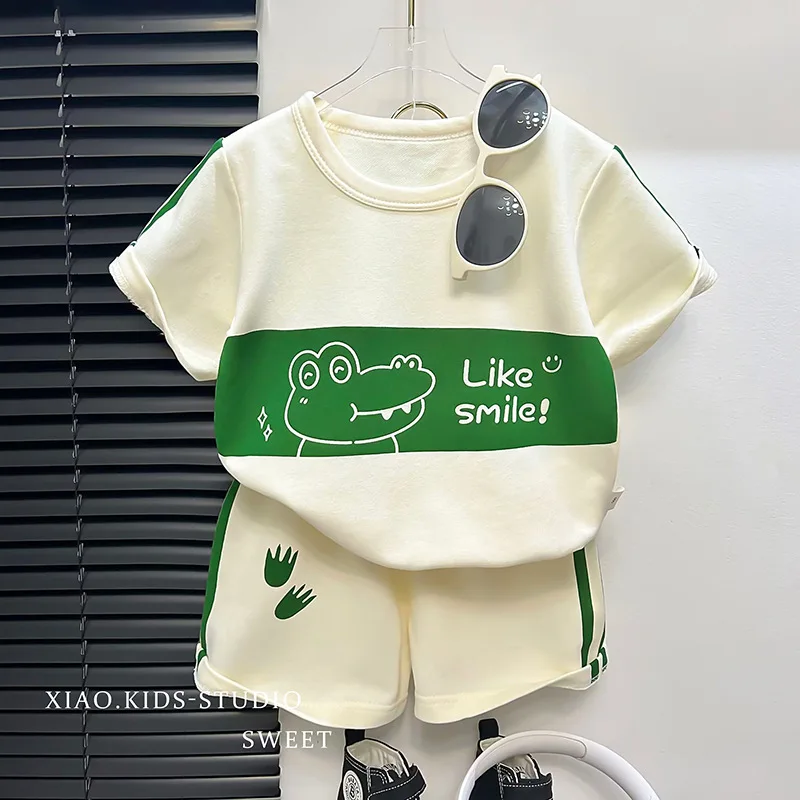 S11d7469559da43e4bb4a4b63ccebfdf1r.webp Boys Funny Letter Print T-Shirt and Shorts Outfit - Image 1