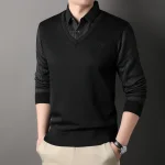 Autumn and Winter New Collection with Fleece Fake Two Piece Long Sleeved Polo Shirt for Men Fashionable and Casual Versatile Top - Image 19