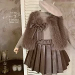 Korean Style Fur Knitted Top and Pleated Leather Mini Skirt Set - Image 4