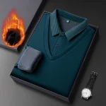 Long Sleeve T-shirt Shirts Winter Fleece Male Lapel Fake Two-piece Striped Regular Fit Thick Plush Warm Knitted Pullover Men Top - Image 7