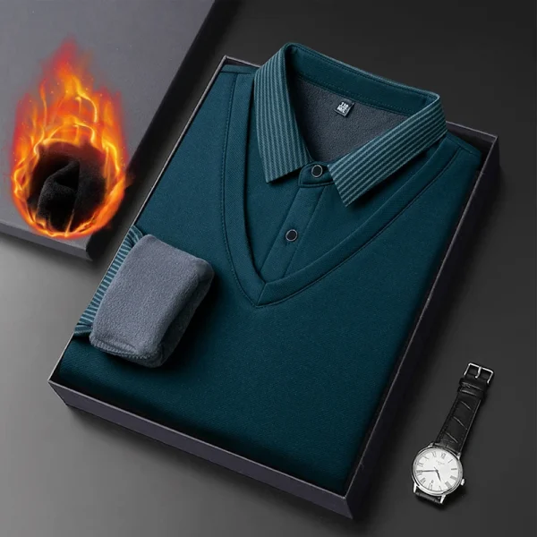 Long Sleeve T-shirt Shirts Winter Fleece Male Lapel Fake Two-piece Striped Regular Fit Thick Plush Warm Knitted Pullover Men Top - Image 7