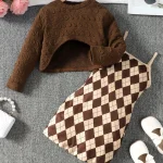 Girls' 2-Piece Brown Top & Lattice Dress Set