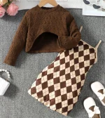 Girls' 2-Piece Brown Top & Lattice Dress Set