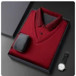 Long Sleeve T-shirt Shirts Winter Fleece Male Lapel Fake Two-piece Striped Regular Fit Thick Plush Warm Knitted Pullover Men Top - Image 31