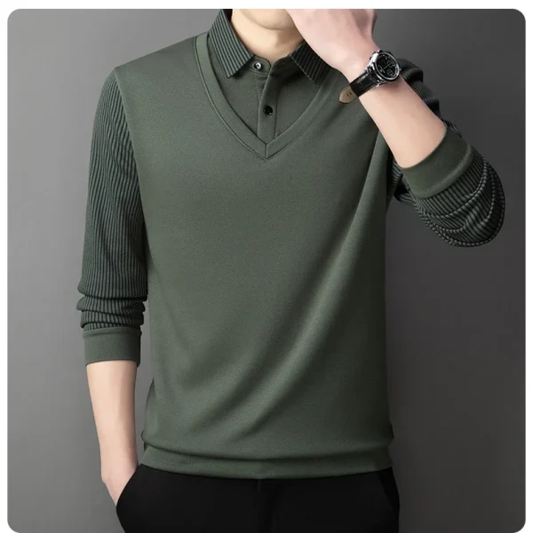 Long Sleeve T-shirt Shirts Winter Fleece Male Lapel Fake Two-piece Striped Regular Fit Thick Plush Warm Knitted Pullover Men Top - Image 33