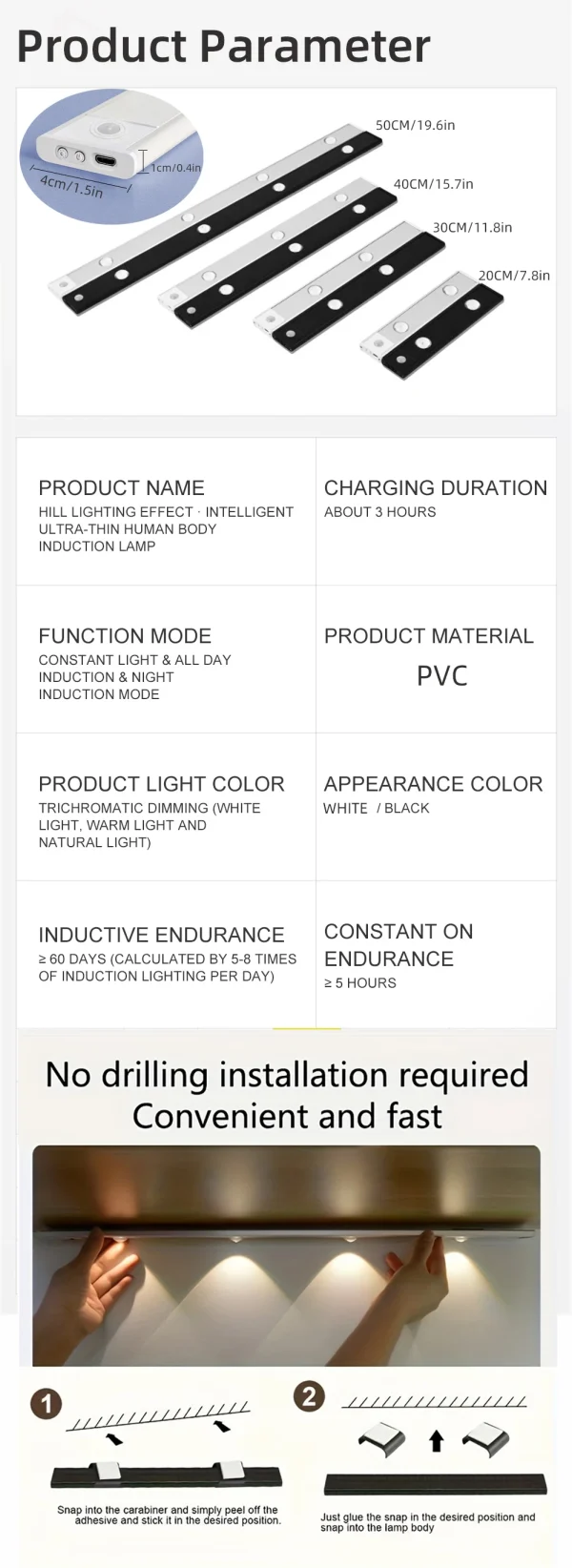 White/Black LED Cabinet Light USB Rechargeable Motion Sensor LED Light for Kitchen Wardrobe Cabinet Lighting 20CM/30CM/40CM/50CM - Image 22