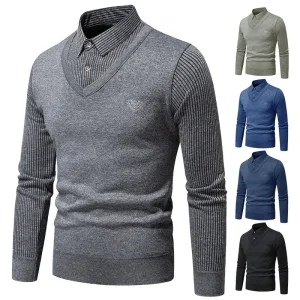 Autumn and Winter New Collection with Fleece Fake Two Piece Long Sleeved Polo Shirt for Men Fashionable and Casual Versatile Top