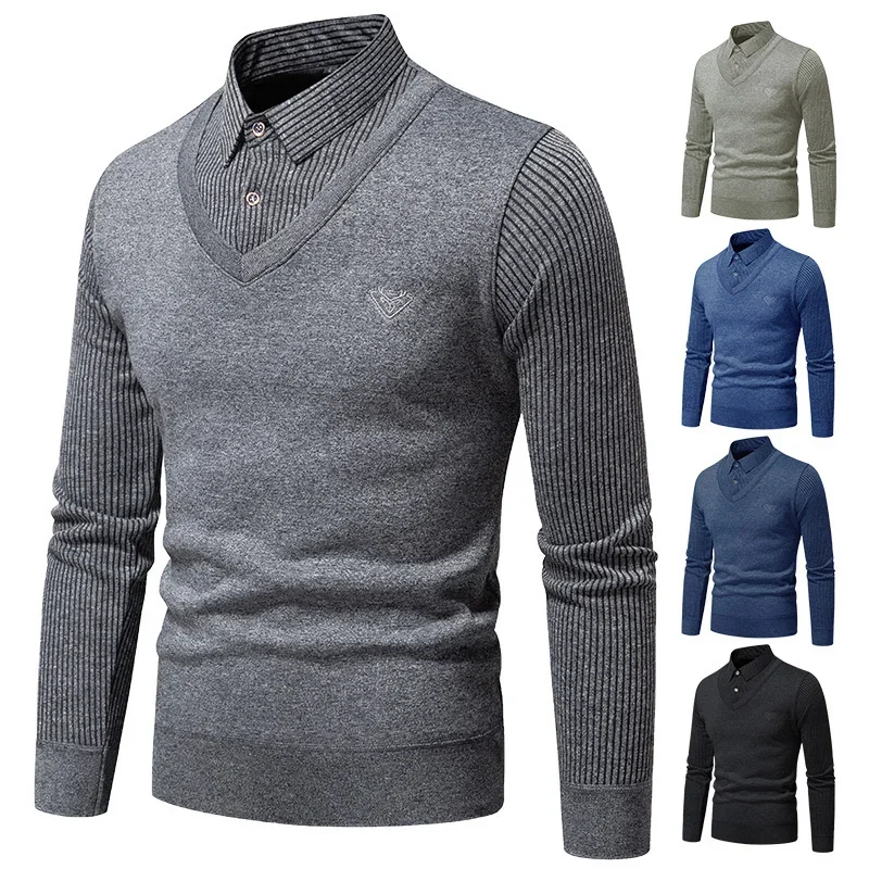 S1c340e0acf6a4b87ba11b6fba612c6acQ.webp Autumn and Winter New Collection with Fleece Fake Two Piece Long Sleeved Polo Shirt for Men Fashionable and Casual Versatile Top - Image 1