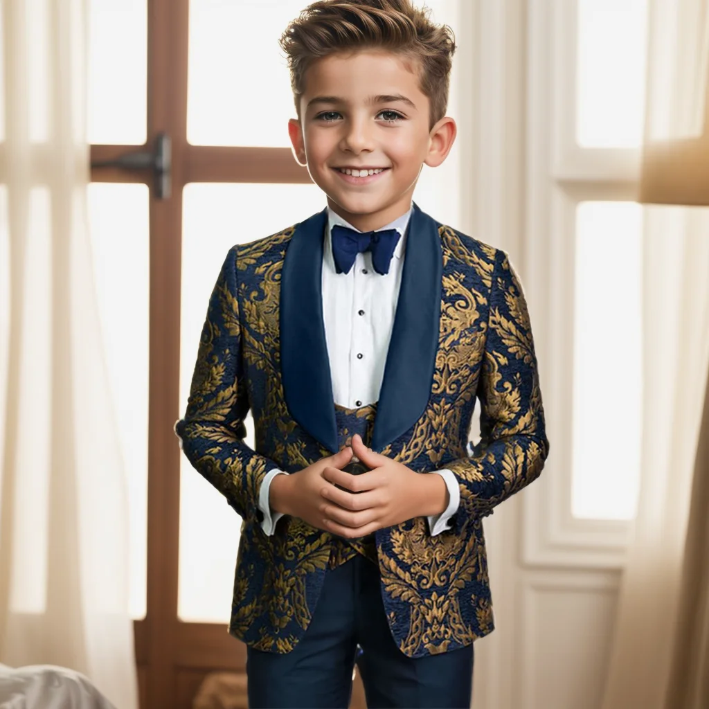 S1f41935f13fc40a483cfefe28016ed23I.webp Boys' Navy Blue Floral Prom Suit - Image 1