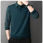 Long Sleeve T-shirt Shirts Winter Fleece Male Lapel Fake Two-piece Striped Regular Fit Thick Plush Warm Knitted Pullover Men Top - Image 17