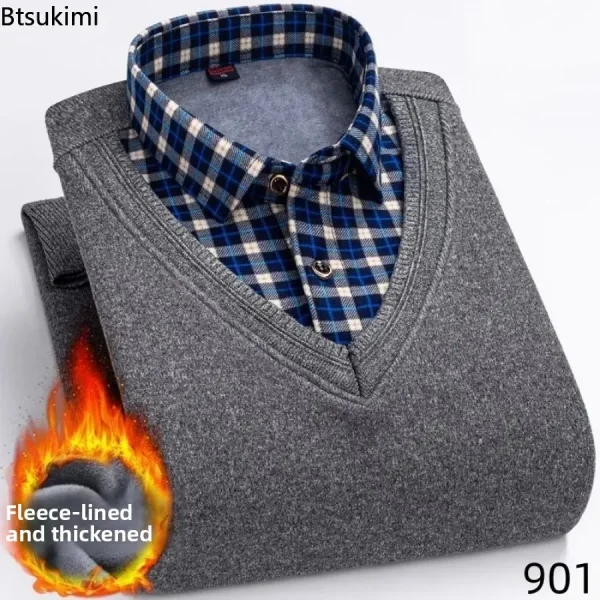 2026 Men's Winter Warm Shirts Thickened Fake Two-piece Shirts Male High-quality Shirts Men's Warm Clothes Shirt Pullovers Tops - Image 4